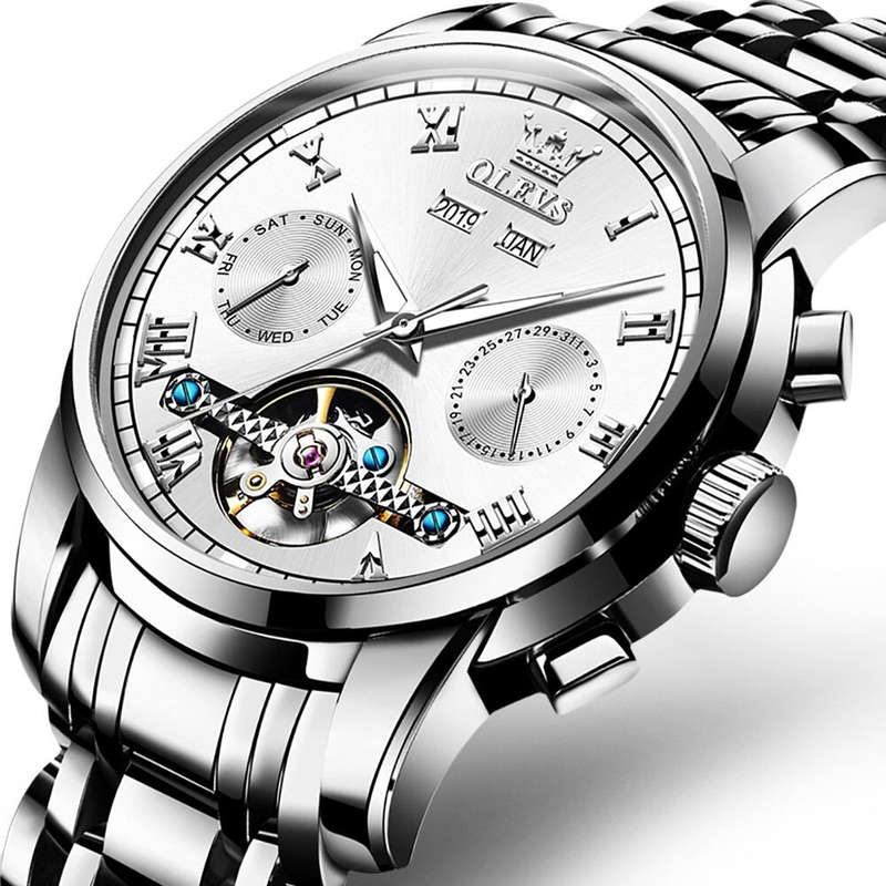 Olevs 6607 Mechanical Wrist Watch With Chronograph & Stainless Steel Strap Silver
