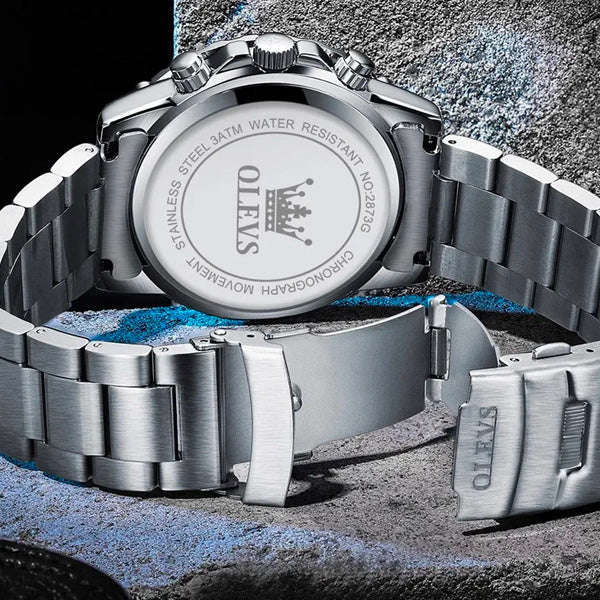 Olevs 2873 Mens Sports Multifunction Wrist Watch With Stainless Steel Strap Silver