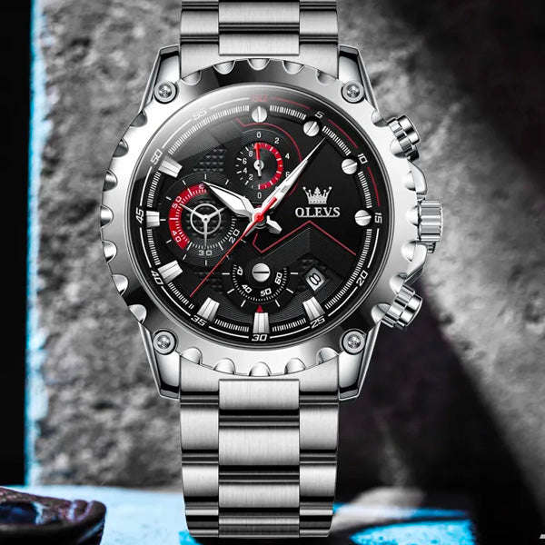 Olevs 2873 Mens Sports Multifunction Wrist Watch With Stainless Steel Strap Silver
