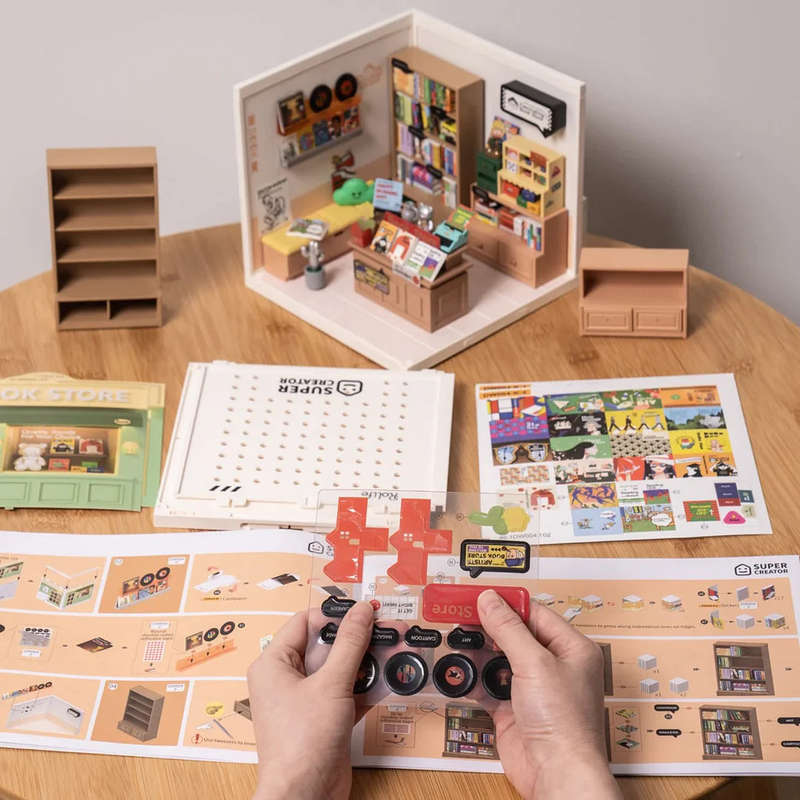 Robotime Super Creator Fascinating Book Store Plastic DIY Miniature Dollhouse Kit