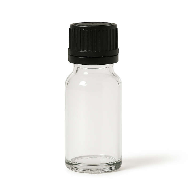 Clear Glass Aromatherapy Bottle 18mm Neck With Black Fast Flow Dropper Cap