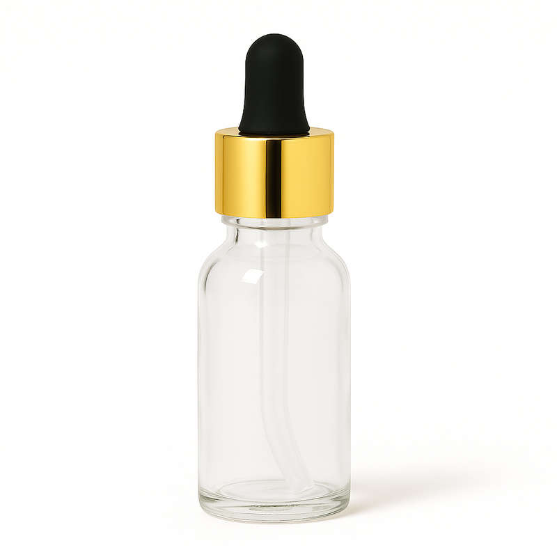 Clear Glass Aromatherapy Bottle 18mm Neck With Pipette Top Gold Collar Black Teat