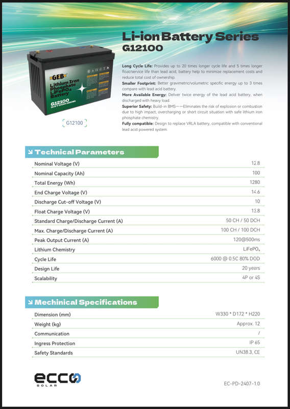 GEB 1.28kWh 12V 100AH Lithium Battery (LiFePO4)