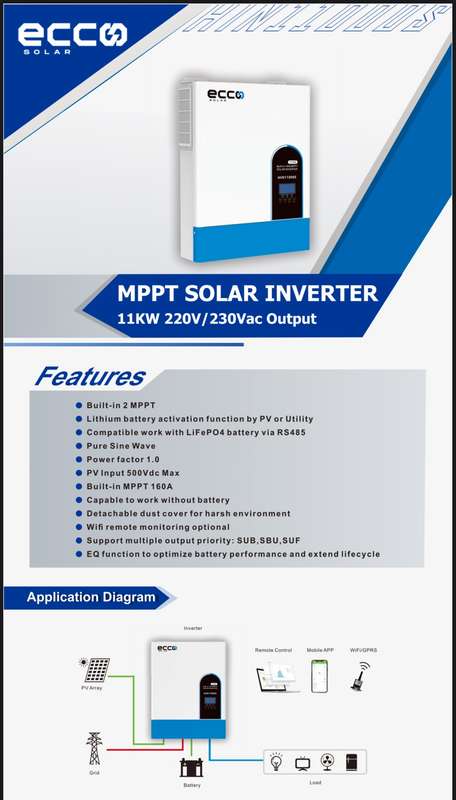 11KVA / 11000W Ecco MPPT Hybrid Inverter Pure Sine Wave + 1x 5.12kWh Ecco Lithium Battery ( Wall ...