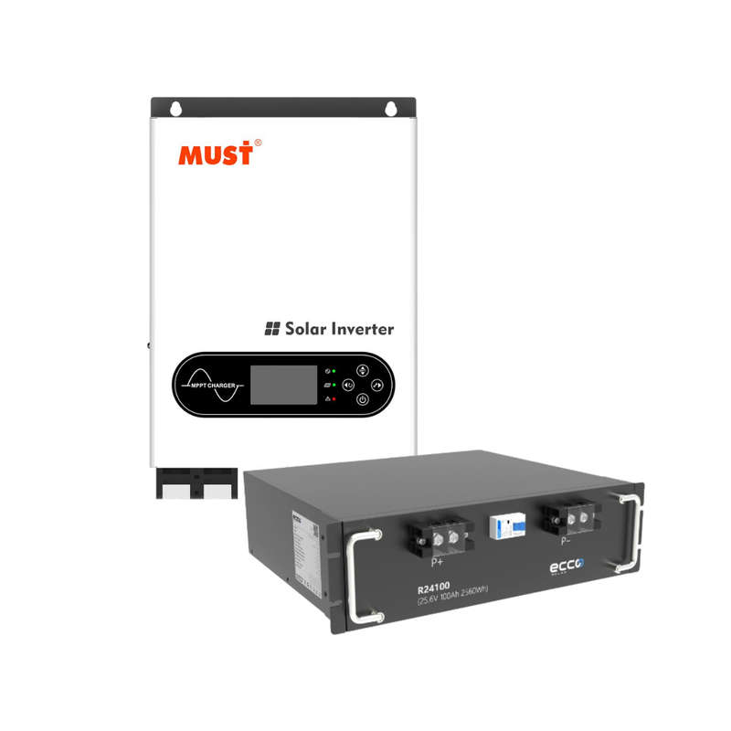 MUST 3.6KVA MPPT Pure Sine Wave Hybrid Inverter + 2.56kWh ECCO 24V LiFePO4 Lithium Battery Combo