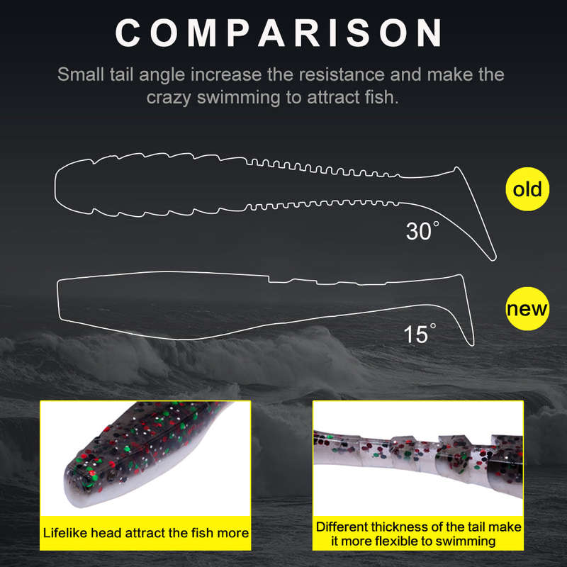Fishing Lure Soft Minnow Shad T-Tail Bait 5 per packet Black/White with glitter