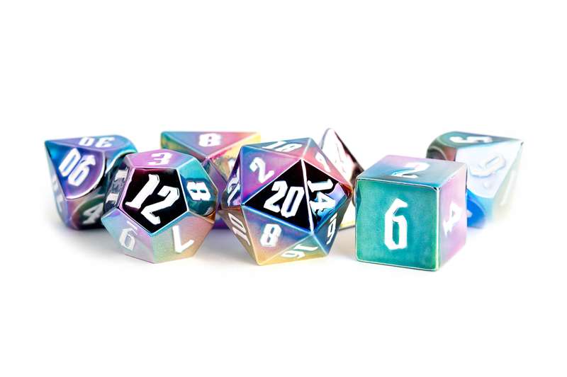 16mm Aluminum Plated Acrylic Poly Dice Set Rainbow Aegis w/ White Numbers (Dice Sets & Games)
