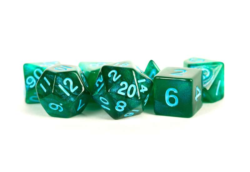 16mm Acrylic Poly Set Stardust Green w/ Blue Numbers (Dice Sets & Games)