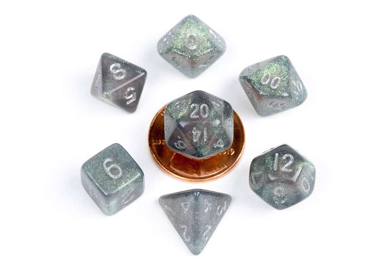 10mm Mini Stardust Acrylic Poly Dice Set Gray w/ Silver Numbers (Dice Sets & Games)