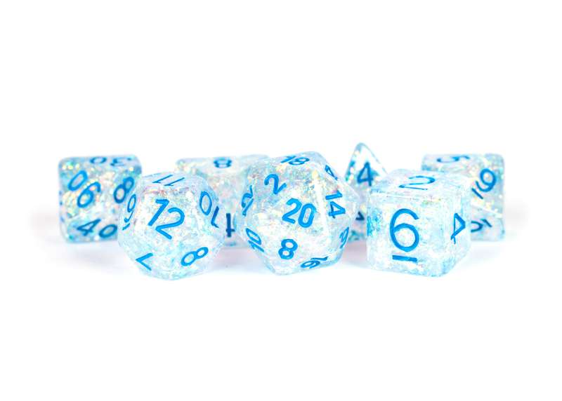 16mm Resin Flash Dice Poly Set Clear w/ Light Blue Numbers (Dice Sets & Games)