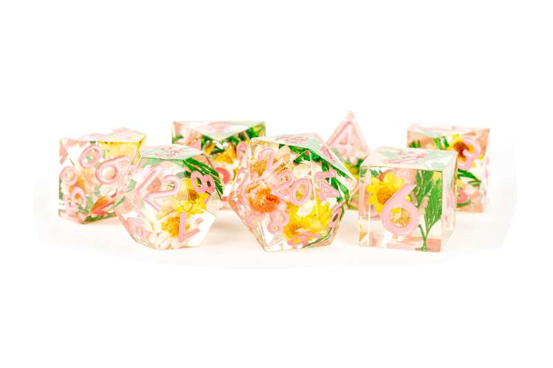 Handcrafted Sharp Edge Resin Dice Set Chrysanthemum w/ Pink Numbers (Dice Sets & Games)