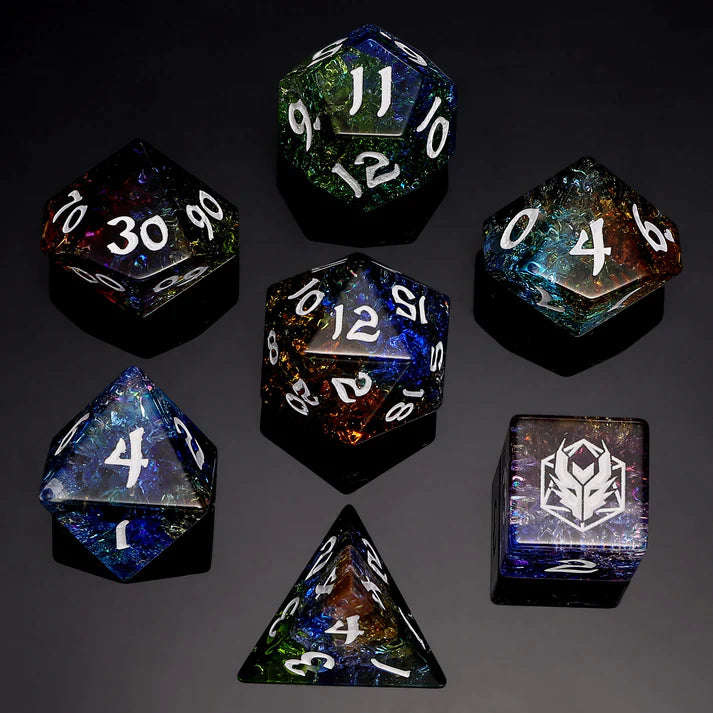 Dragons Hoard Gemstone Polyhedral Dice Set Blasted Rainbow Glass (Dice Sets & Games)