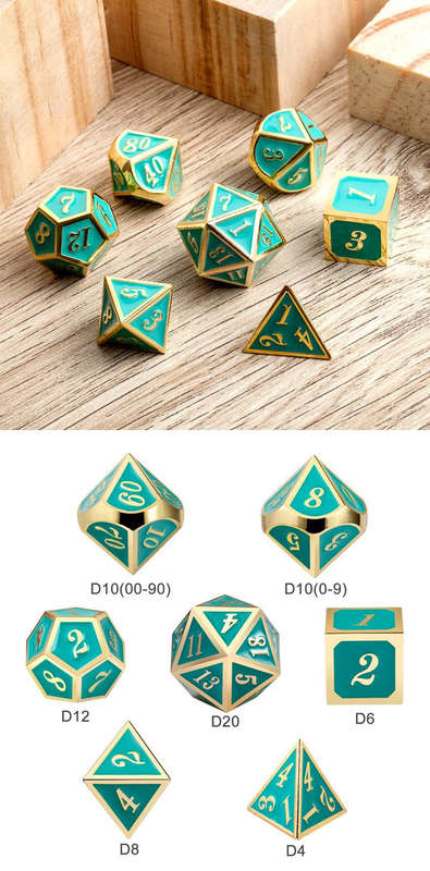 Metal & Enamel Dice Set (7) Teal & Gold (Dice Sets & Games)
