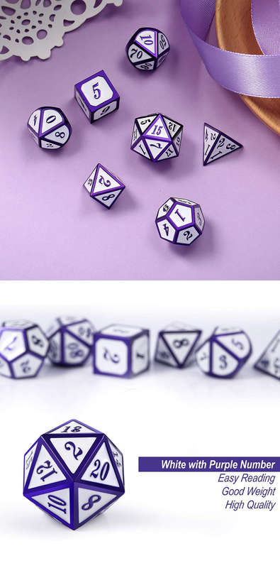 Metal & Enamel Dice Set (7) White & Purple (Dice Sets & Games)