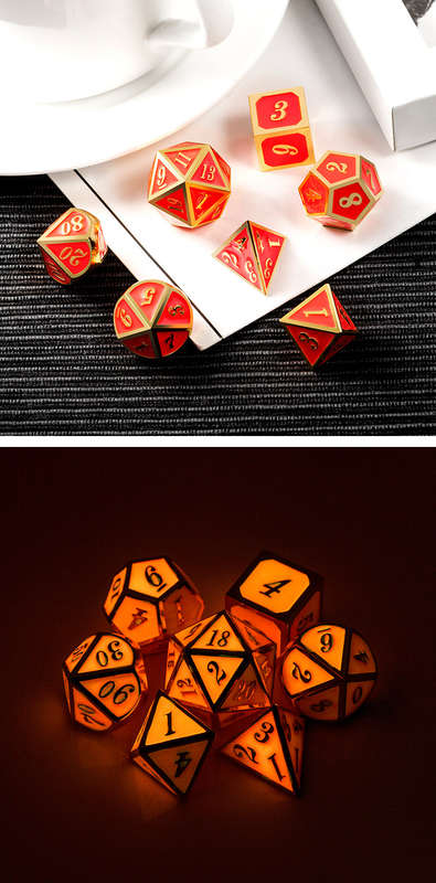 Metal & Enamel Dice Set (7) Red Glow in the Dark (Dice Sets & Games)
