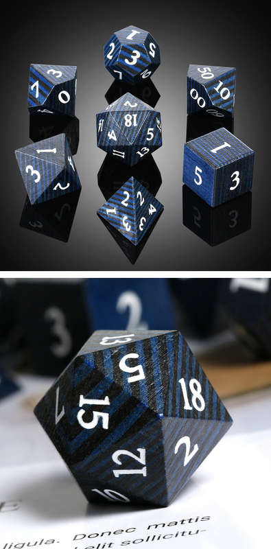 Wooden Dice Set (7) Black & Blue Striped Wood (Dice Sets & Games)