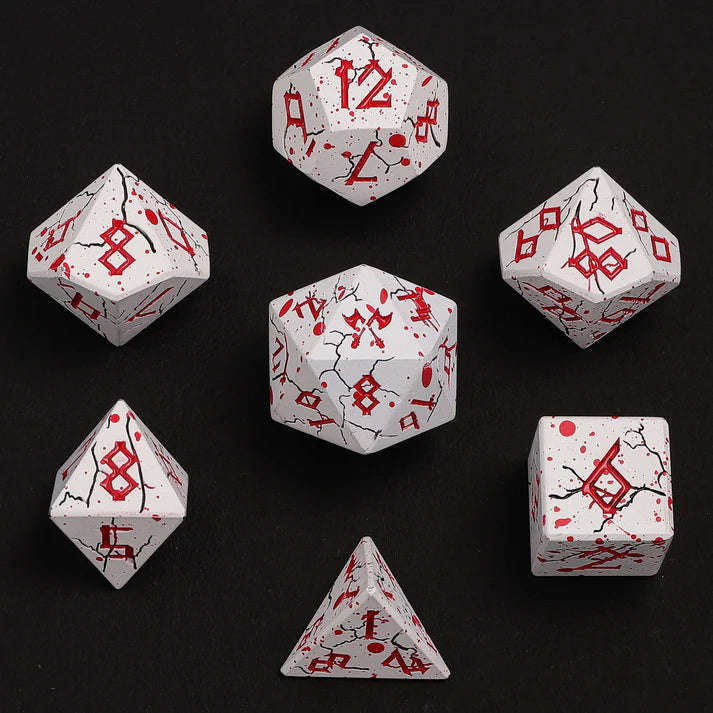 Barbarian Solid Metal Polyhedral Dice Set Matt White w/Blood Spitters (Dice Sets & Games)