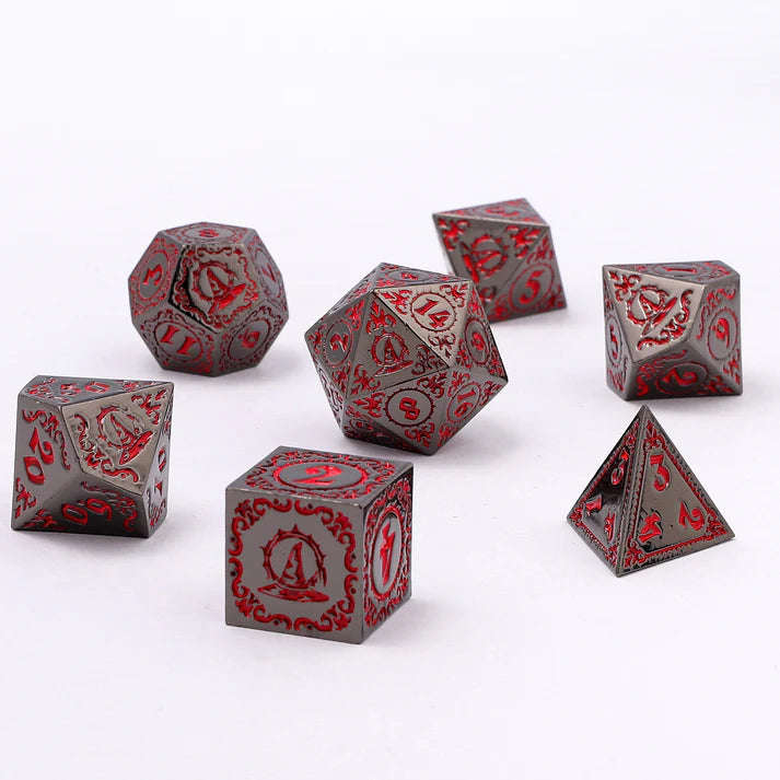 Wizard Solid Metal Polyhedral Dice Set Gunmetal w/Blood (Dice Sets & Games)
