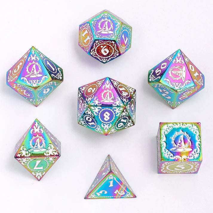 Wizard Solid Metal Polyhedral Dice Set Rainbow w/White (Dice Sets & Games)