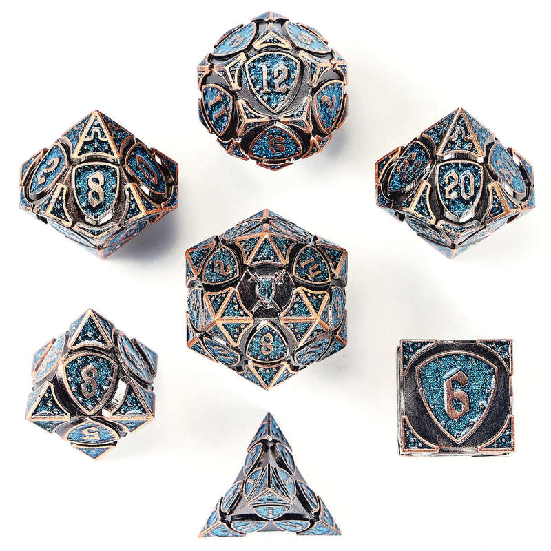 Fighter Solid Metal Polyhedral Dice Set Ancient Copper w/Blue Glitters (Dice Sets & Games)