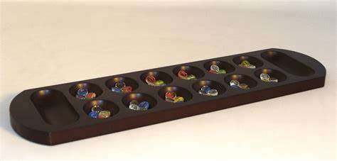 Mancala Large Walnut Stained Board with Glass Stones (Board & Card Game Accessories)
