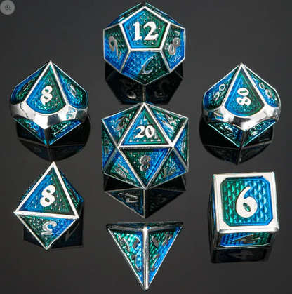 Behemoth Silver w/Green & Blue Solid Metal Dice Set (7) (Dice Sets & Games)