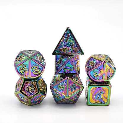 Rainbow Solid Metal Dragon Polyhedral Dice Set (Dice Sets & Games)