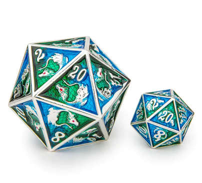 Solid Metal Dragon Chonk D20 Silver w/Green & Blue 45mm (Board & Card Game Accessories)