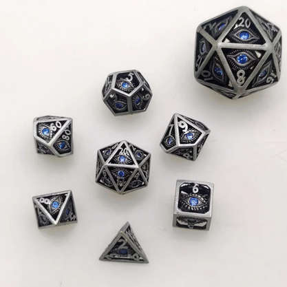 Hollow 10mm mini Dragons Eye Dice Set Ancient Silver w/Blue Gems (7) (Dice Sets & Games)