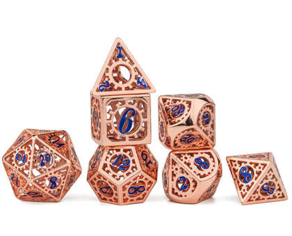 Copper w/Blue Enamel Hollow Metal Gears of Providence Dice Set (7) (Dice Sets & Games)