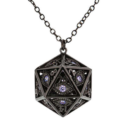 Dragons Eye D20 Necklace Gunmetal w/Purple Gems (Board & Card Game Accessories)