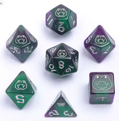 Bog Frog Round Edged Dice Set Glow in the dark-Silver (7) (Dice Sets & Games)