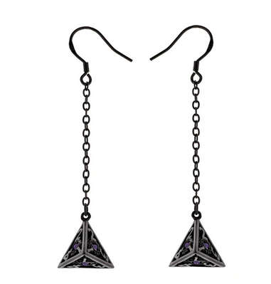 Dragons Eye D4 Earrings Gunmetal w/Purple gems (Board & Card Game Accessories)