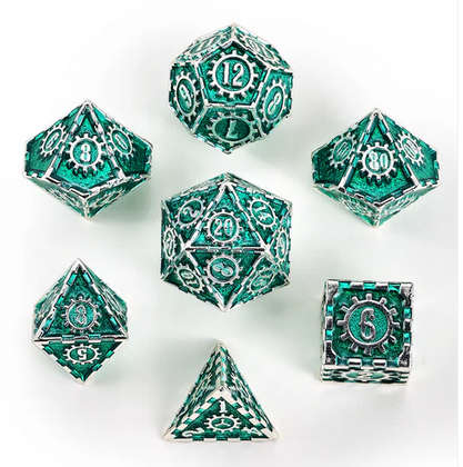 Solid Metal Cogcraft Polyhedral Dice Set Time Machine Green and Silver (Dice Sets & Games)