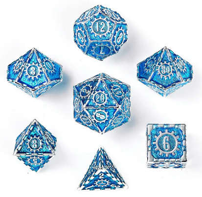 Solid Metal Cogcraft Polyhedral Dice Set Tesla Blue and Silver (Dice Sets & Games)