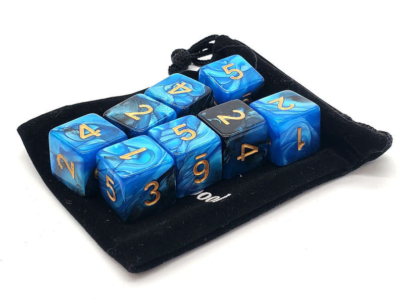 D6 Set Vorpal Blue & Black w/Gold (8) (Dice Sets & Games)