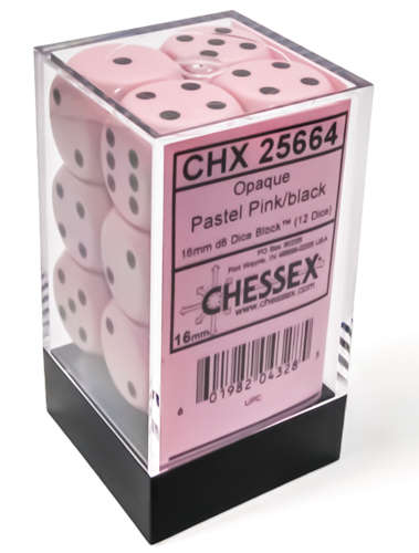 Opaque Pastel Pink/Black 16mm D6 (12) (Dice Sets & Games)