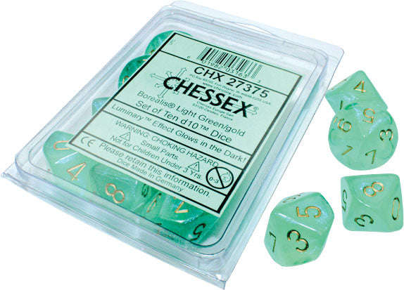 Borealis Light Green/gold Luminary Set of Ten d10s (Dice Sets & Games)