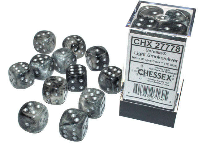 Borealis 16mm d6 Light Smoke/silver Luminary Dice Block (12 dice) (Dice Sets & Games)