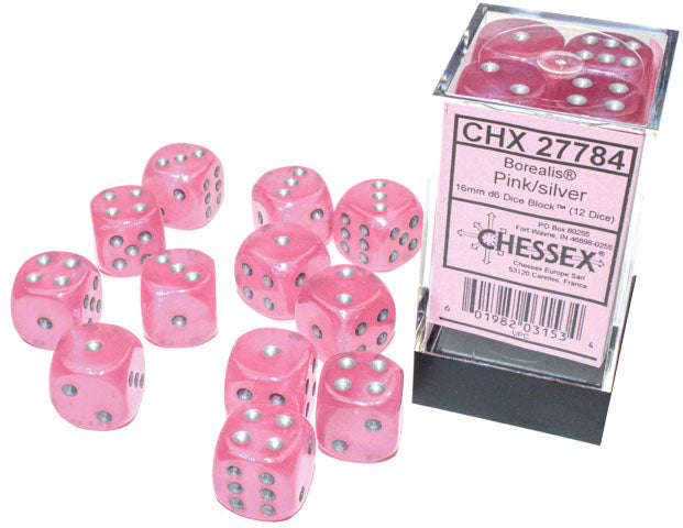 Borealis 16mm d6 Pink/silver Luminary Dice Block (12 dice) (Dice Sets & Games)