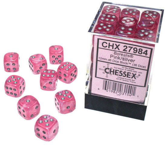 Borealis 12mm d6 Pink/silver Luminary Dice Block (36 dice) (Dice Sets & Games)