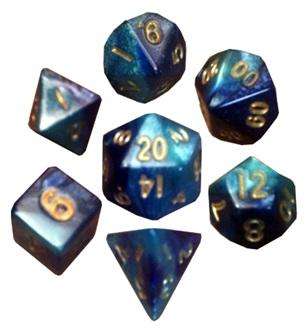 Mini Polyhedral Dice Set DarkBlue Light Blue with Gold Numbers (Dice Sets & Games)