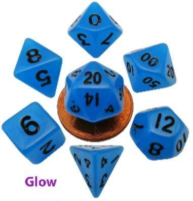 Mini Polyhedral Dice Set Glow Blue wBlack Numbers7 (Dice Sets & Games)