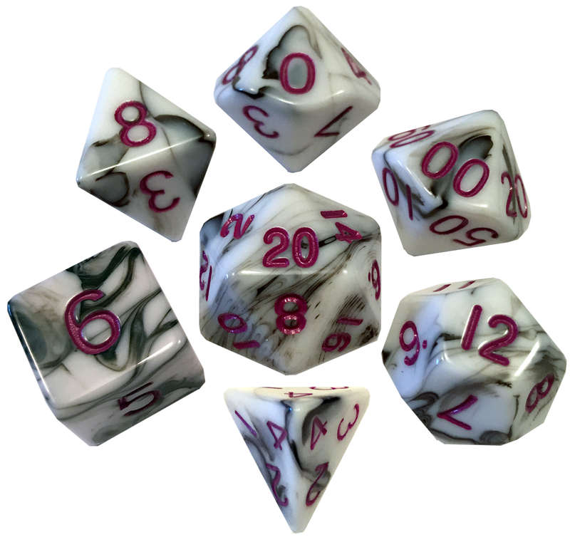 16mm Acrylic Poly Dice Set Marble with Purple Numbers (Dice Sets & Games)