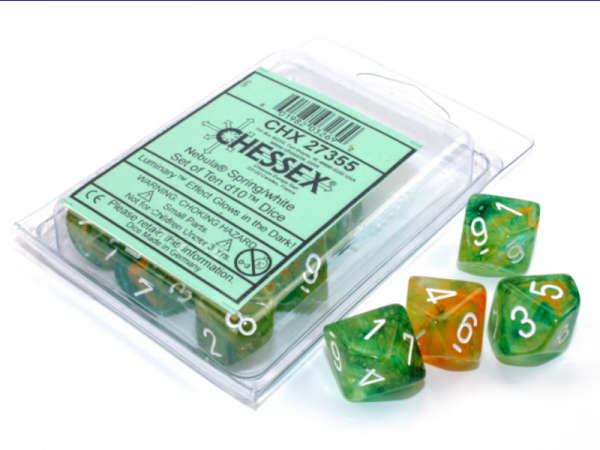 Nebula Spring/white Luminary Set of Ten d10s (Dice Sets & Games)