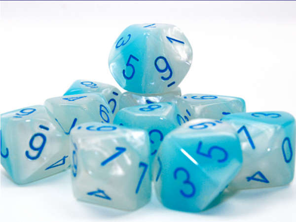 Gemini Pearl Turquoise-White/blue Luminary Set of 10 d10s (Dice Sets & Games)