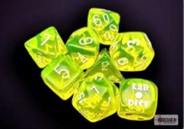 Lab Dice 7 Translucent Polyhedral Neon Yellow/white 7-Die Set (with bonus die) (Dice Sets & Games)