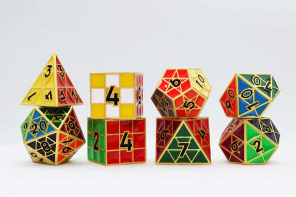Puzzle Cube Gold Metal Dice Set (8) (Dice Sets & Games)