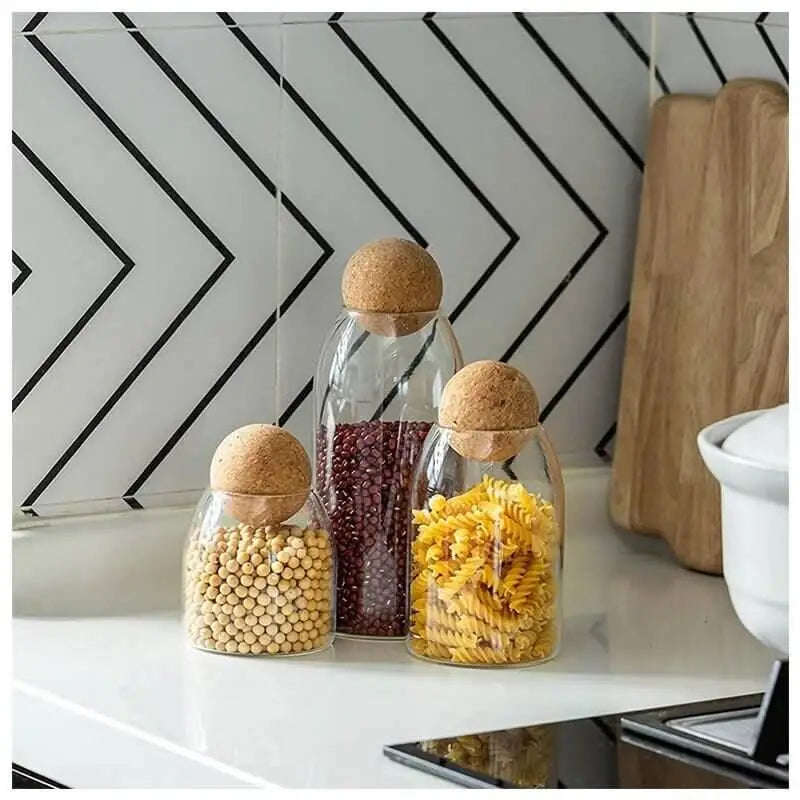 3 Piece Glass Jars with Airtight Ball Cork Lid