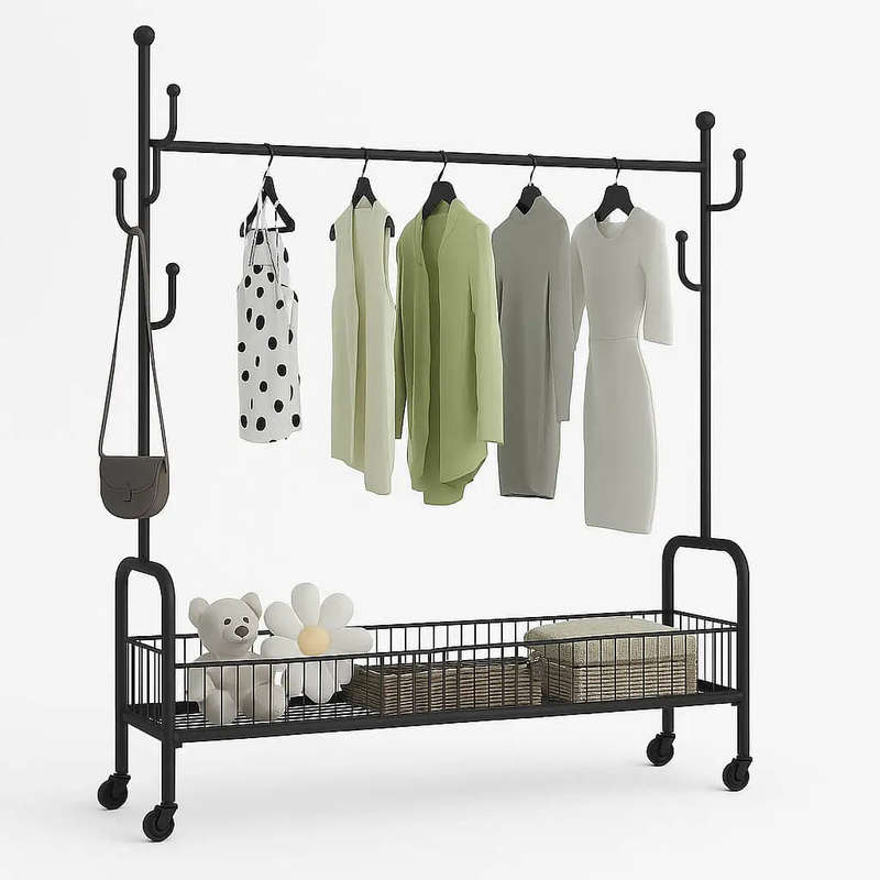 Garment Rack with Bottom Shelves for Storage and Side Hooks with Wheels